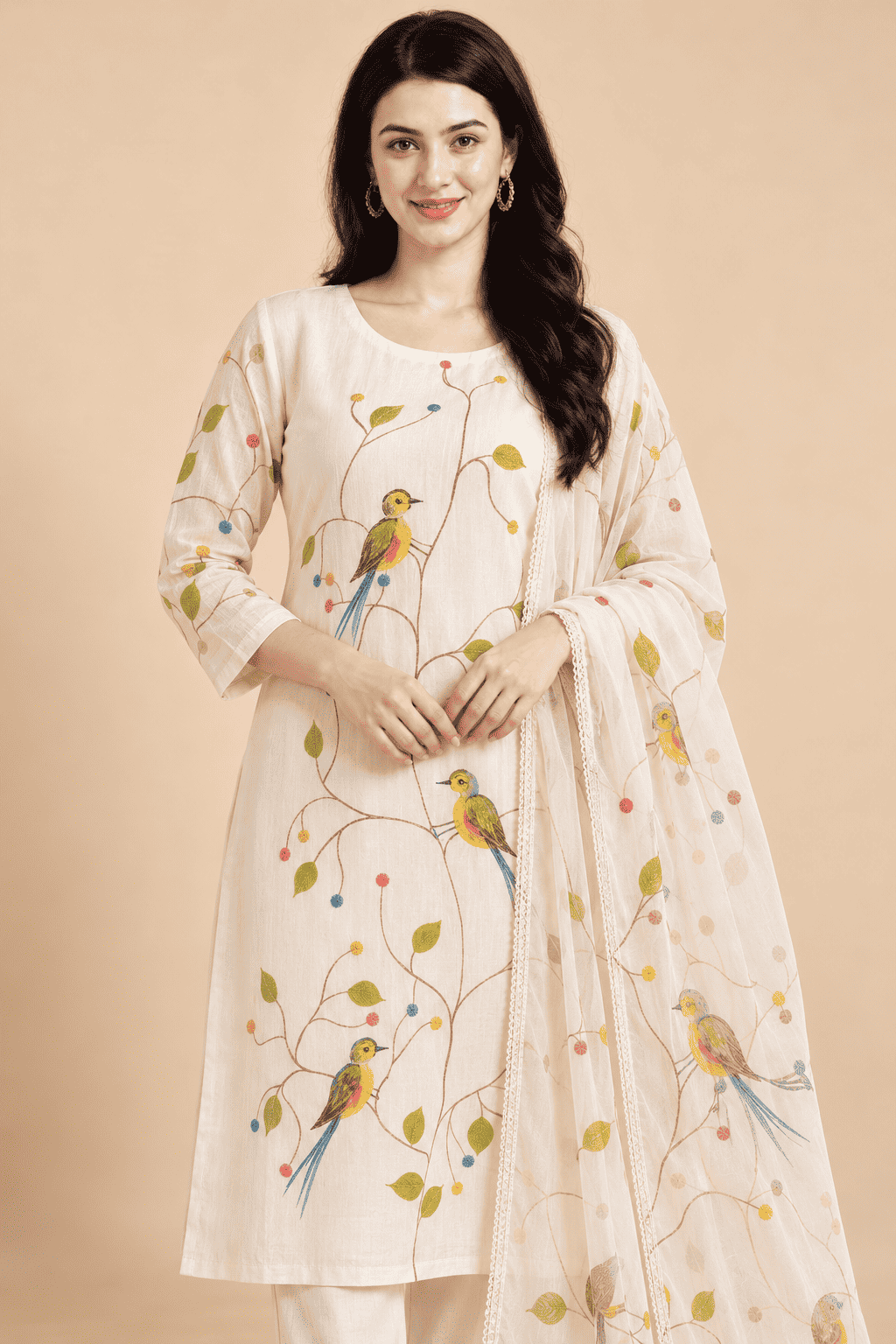 Ivory rayon bird print kurta pant with dupatta