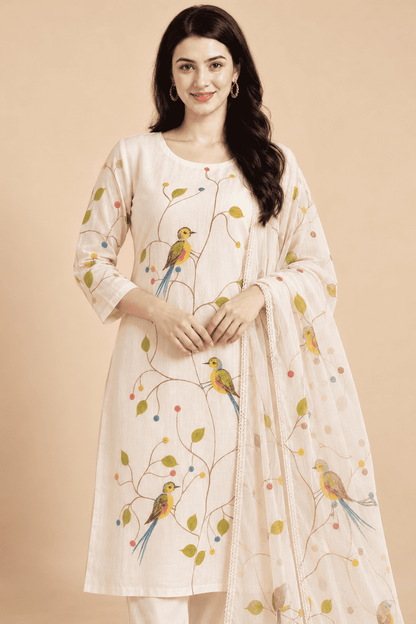 Ivory rayon bird print kurta pant with dupatta