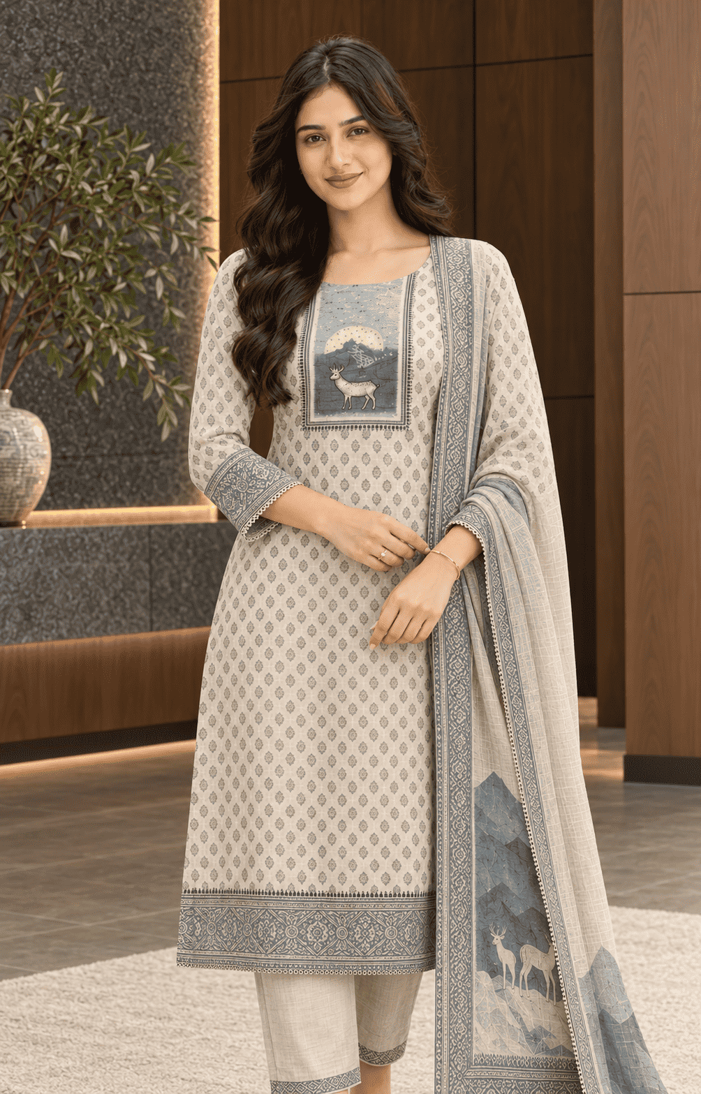 Unstitched offwhite with Blue print cotton suit set with dupatta