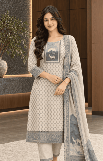 Unstitched offwhite with Blue print cotton suit set with dupatta