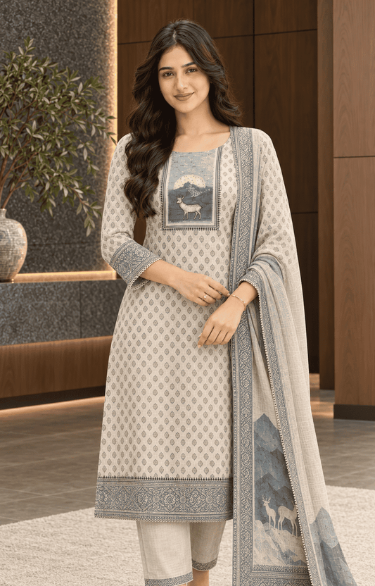 Unstitched offwhite with Blue print cotton suit set with dupatta