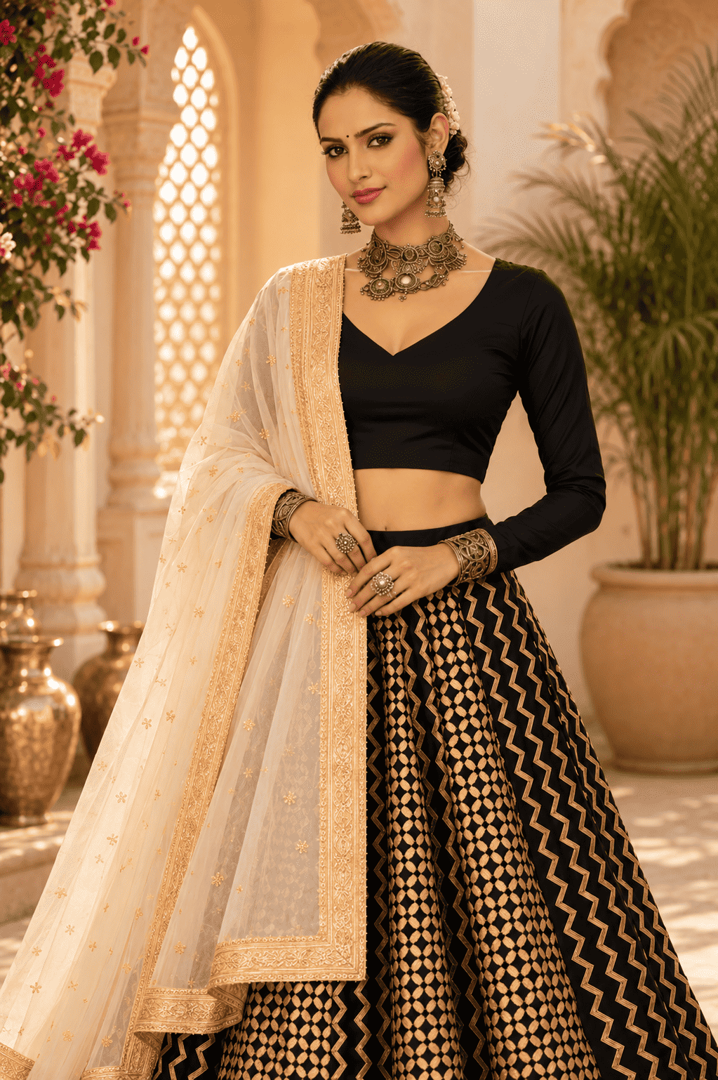 Black cotton silk blouse with ivory geometric printed gota lace lehenga paired with an ivory embroidered organza dupatta