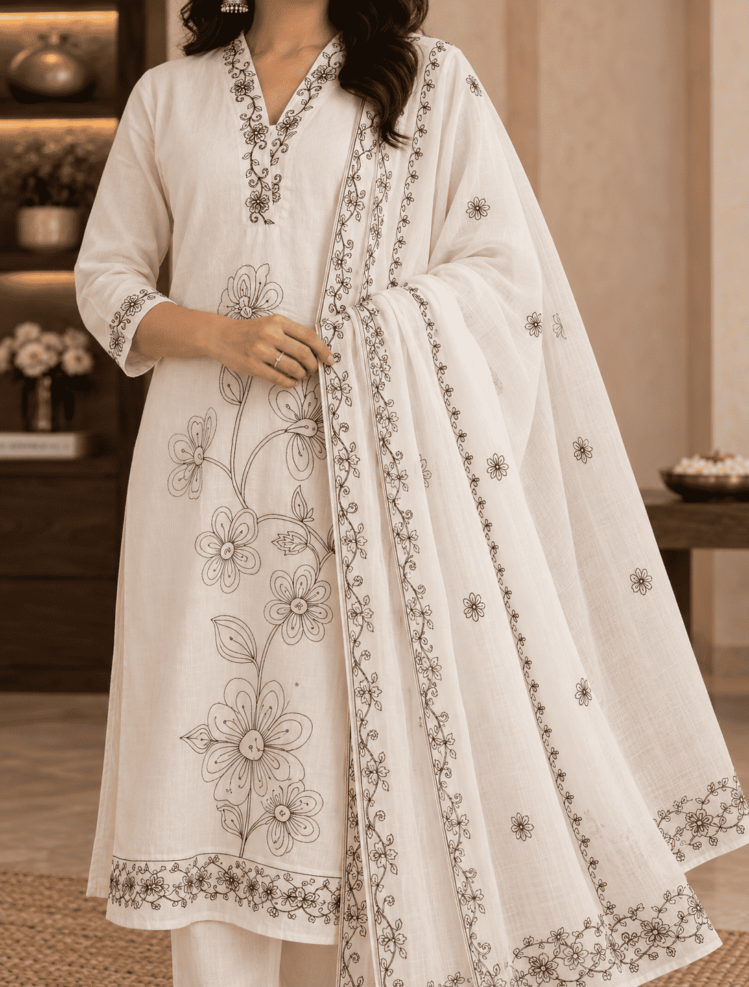 Off White Silk Blend Embroidered Kurta Pant And Dupatta Set