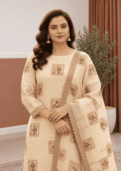 Semi-Stitched beige Chiffon Suit With Heavy Floral Sequin Border Detailing