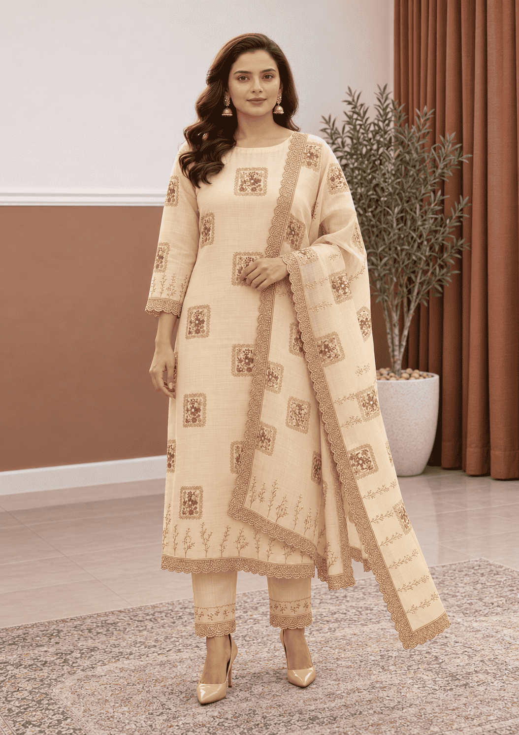 Semi-Stitched beige Chiffon Suit With Heavy Floral Sequin Border Detailing
