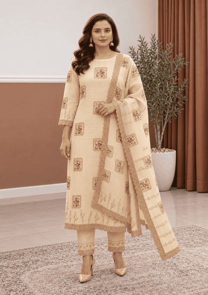Semi-Stitched beige Chiffon Suit With Heavy Floral Sequin Border Detailing