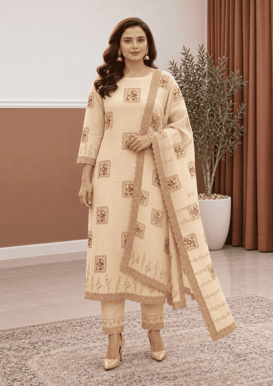 Semi-Stitched beige Chiffon Suit With Heavy Floral Sequin Border Detailing