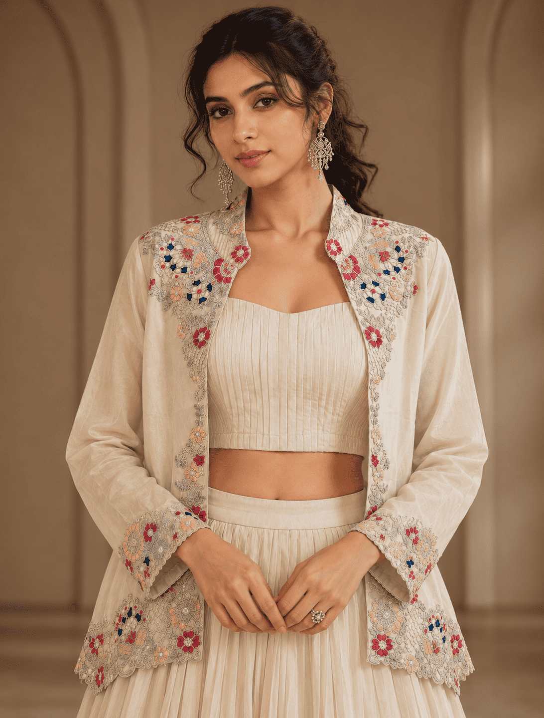 Ivory silk blend with embroidery jacket lehenga set