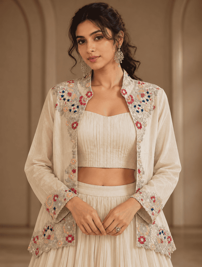 Ivory silk blend with embroidery jacket lehenga set