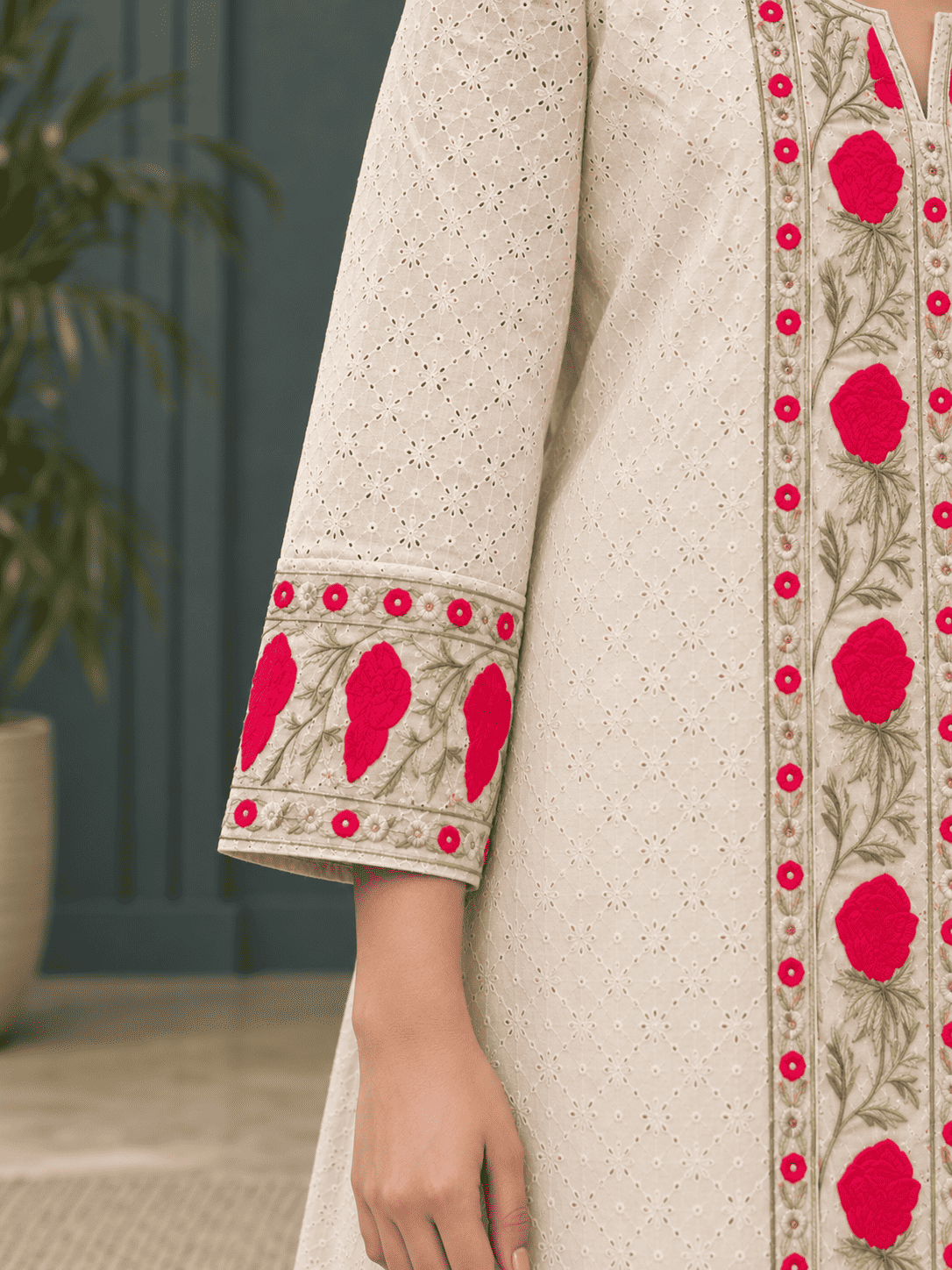 Soft cotton in ivory base with red floral prints kurta pant set