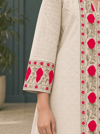 Soft cotton in ivory base with red floral prints kurta pant set