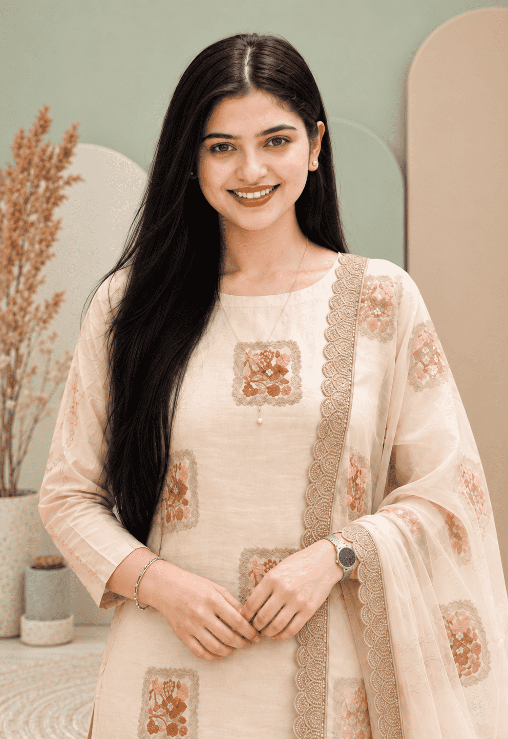 Unstitched Soft Beige Linen-Rayon Suit With Subtle Faded Floral Prints For An Understated, Elegant Look
