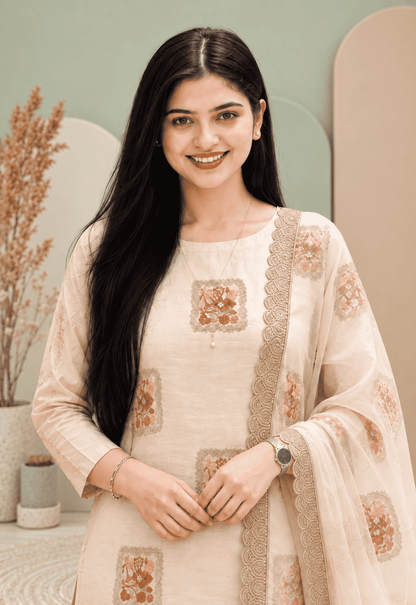 Unstitched Soft Beige Linen-Rayon Suit With Subtle Faded Floral Prints For An Understated, Elegant Look