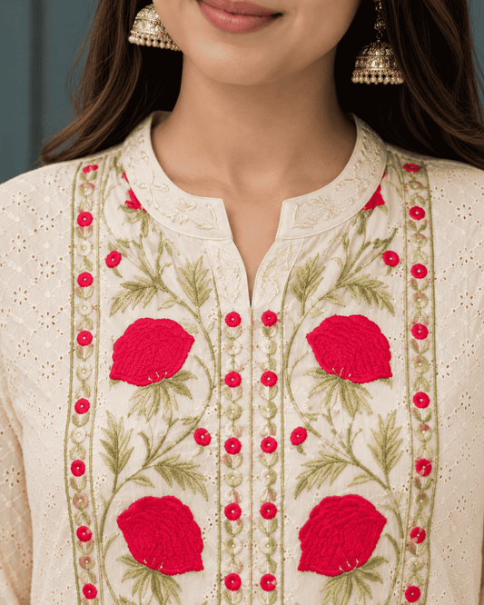 Soft cotton in ivory base with red floral prints kurta pant set