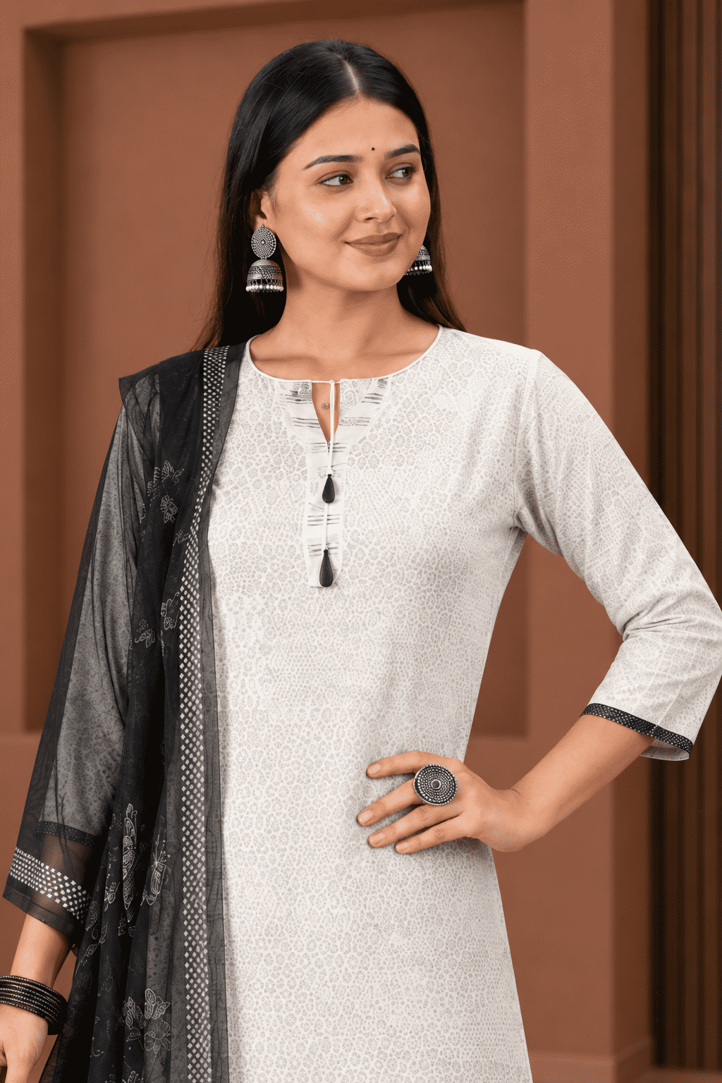 Unstitched sage grey cotton floral printed suit set with charcoal black dupatta