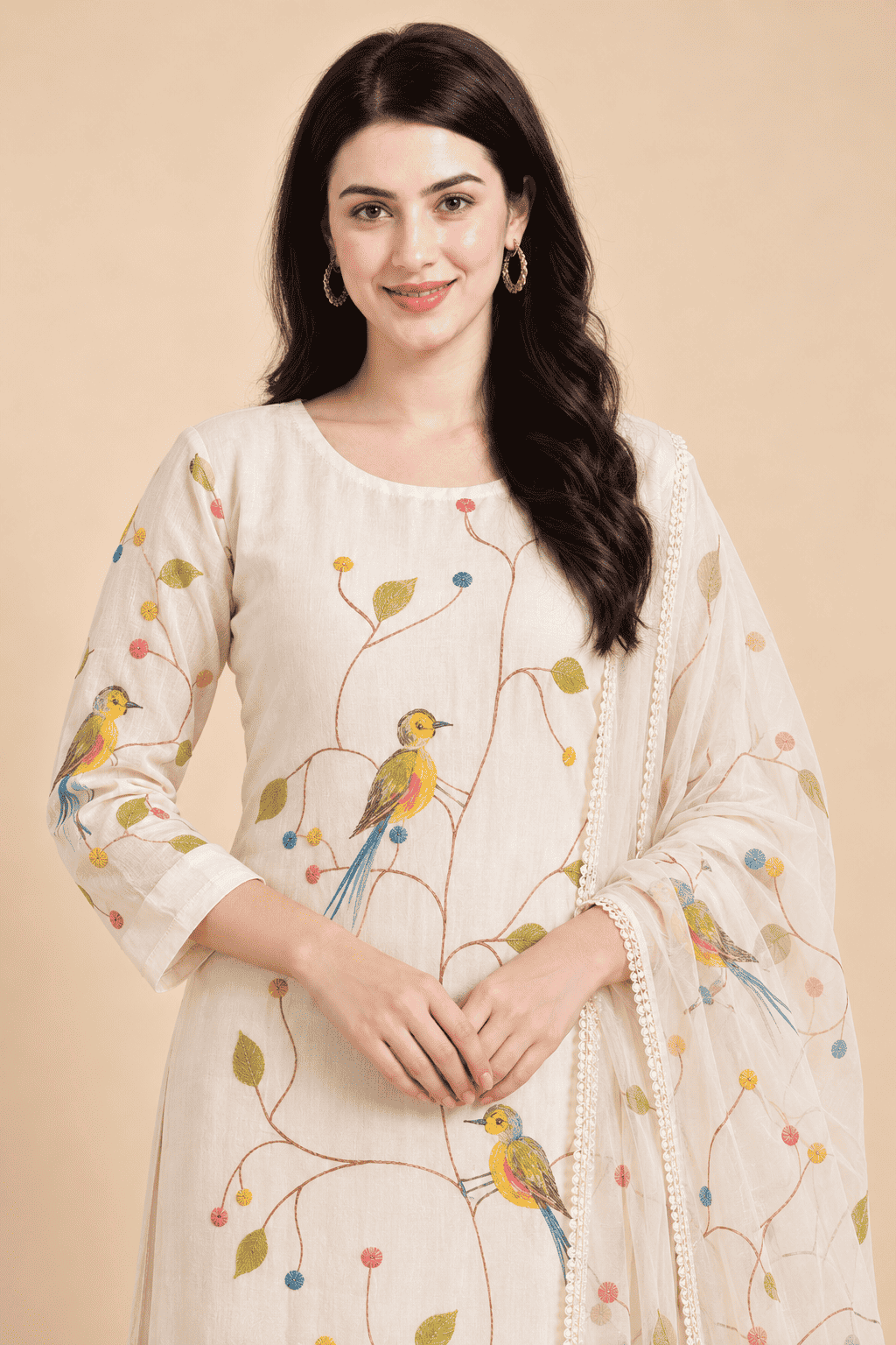 Ivory rayon bird print kurta pant with dupatta
