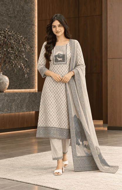 Unstitched offwhite with Blue print cotton suit set with dupatta