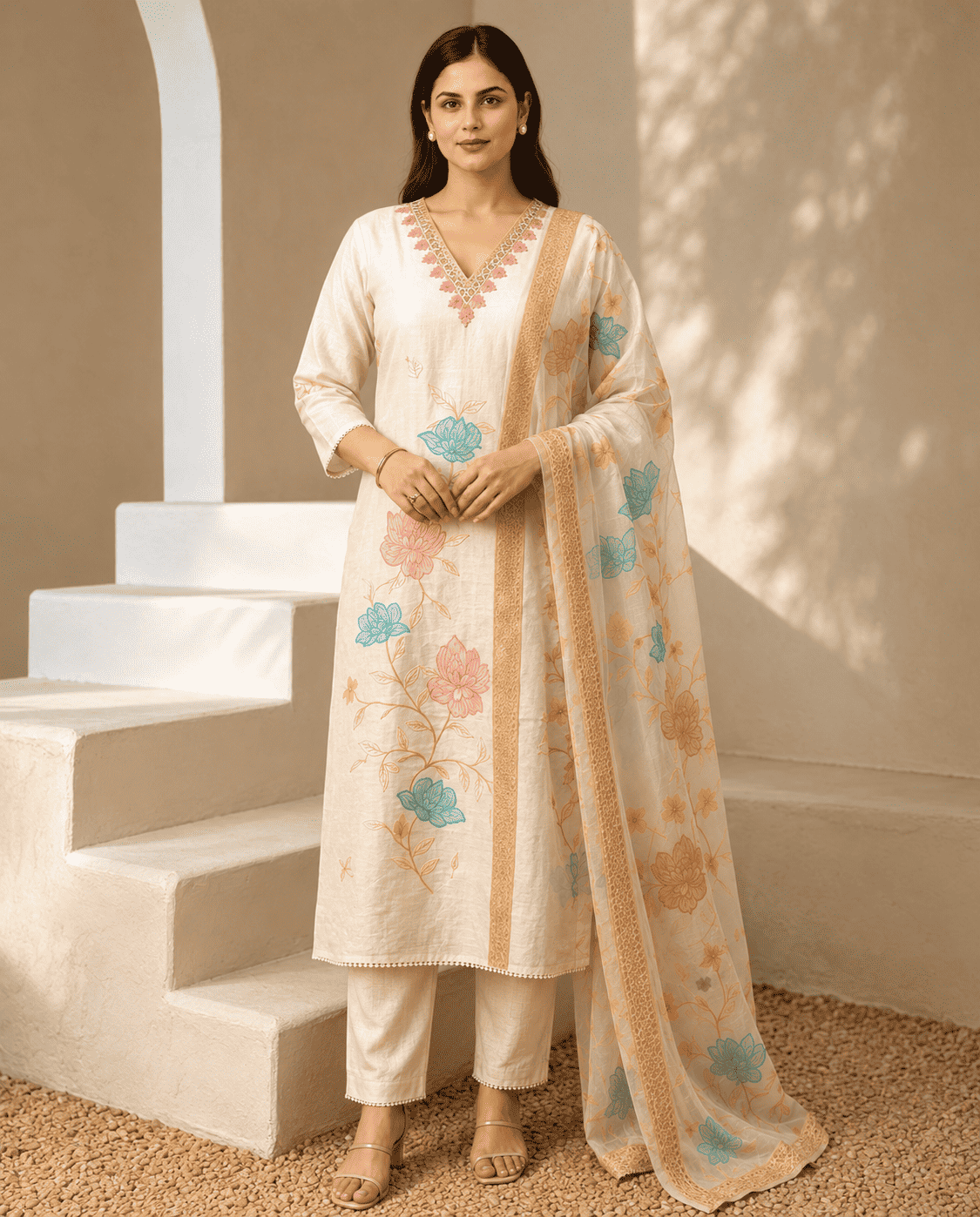 White With Delicate Pink And Blue Floral Patchwork Cotton Kurta Set With Organza Dupatta