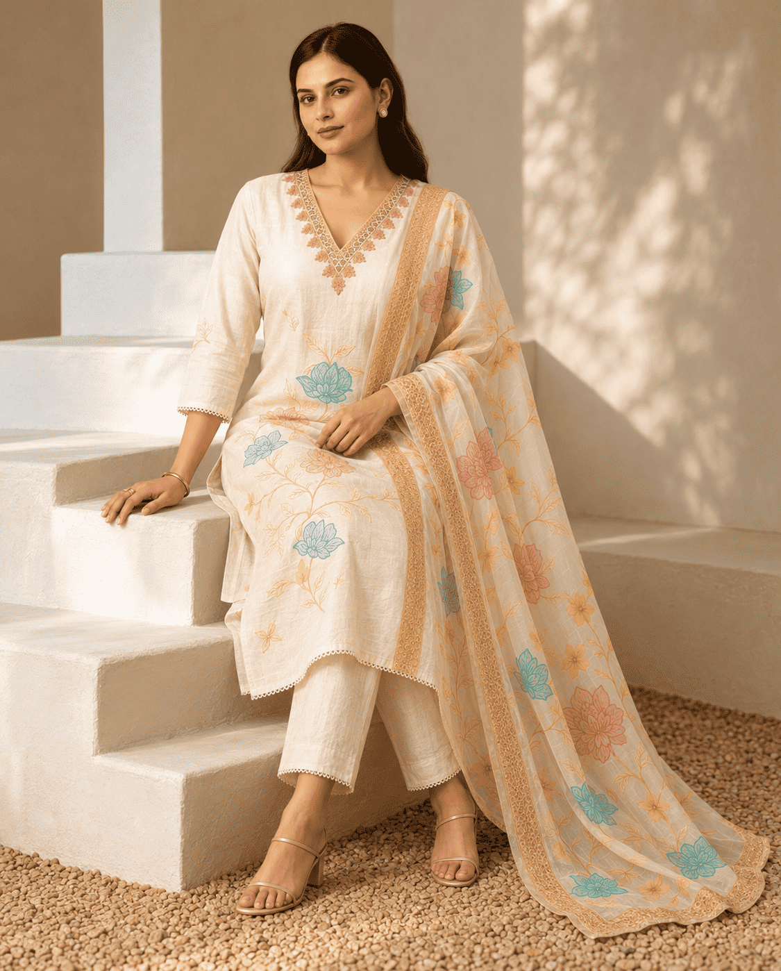 White With Delicate Pink And Blue Floral Patchwork Cotton Kurta Set With Organza Dupatta