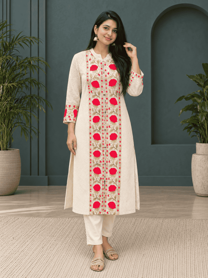 Soft cotton in ivory base with red floral prints kurta pant set