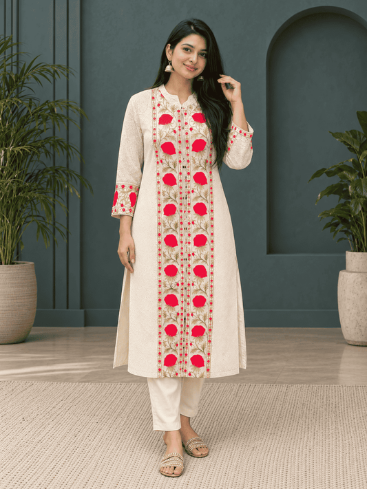 Soft cotton in ivory base with red floral prints kurta pant set