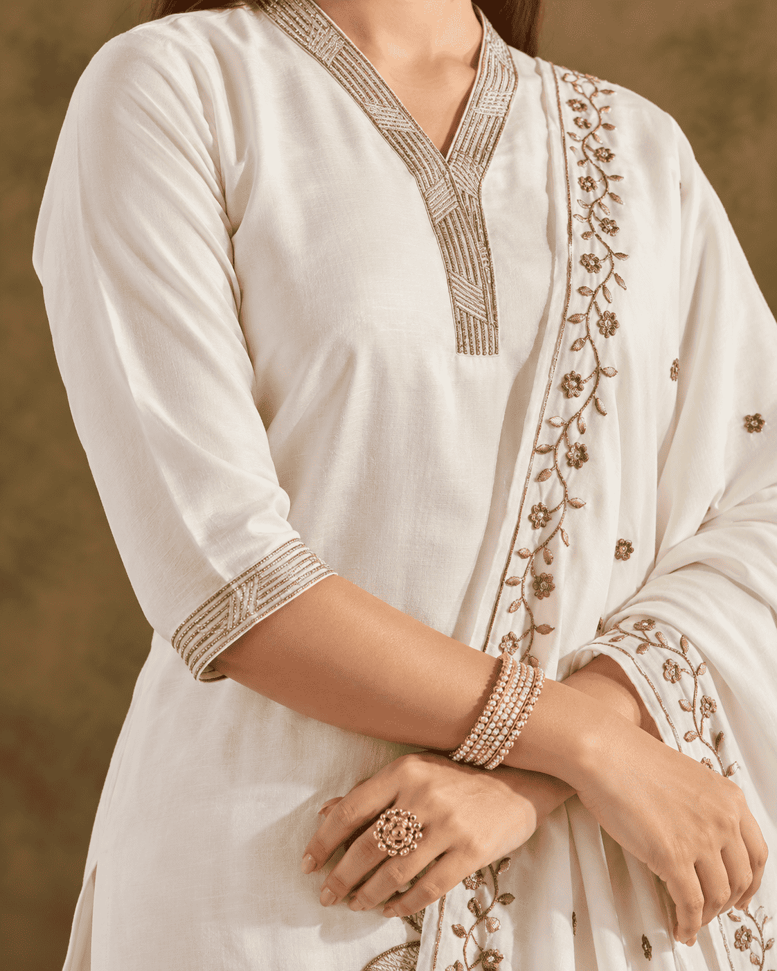 White Silk Blend Embroidered Kurta Pant and Dupatta Set