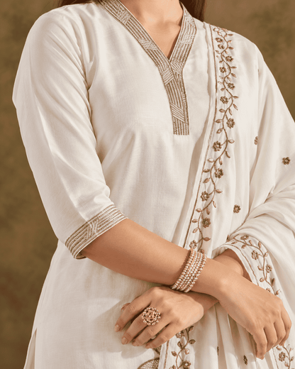 White Silk Blend Embroidered Kurta Pant and Dupatta Set