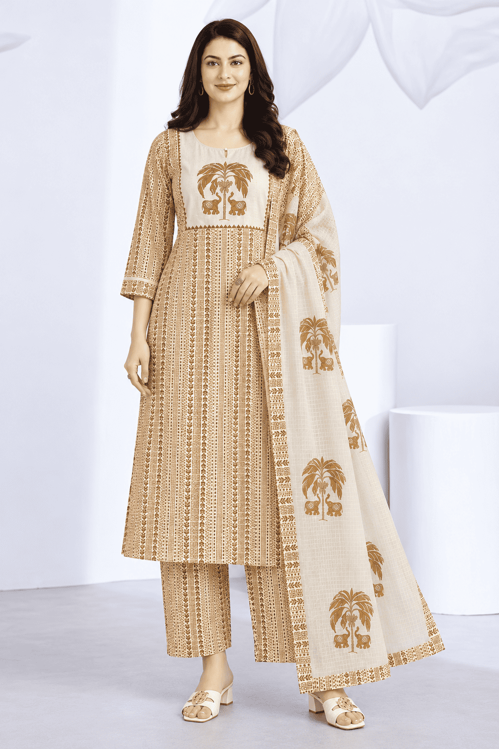 Off White in mustard tone printed cotton kurta and pant with dupatta