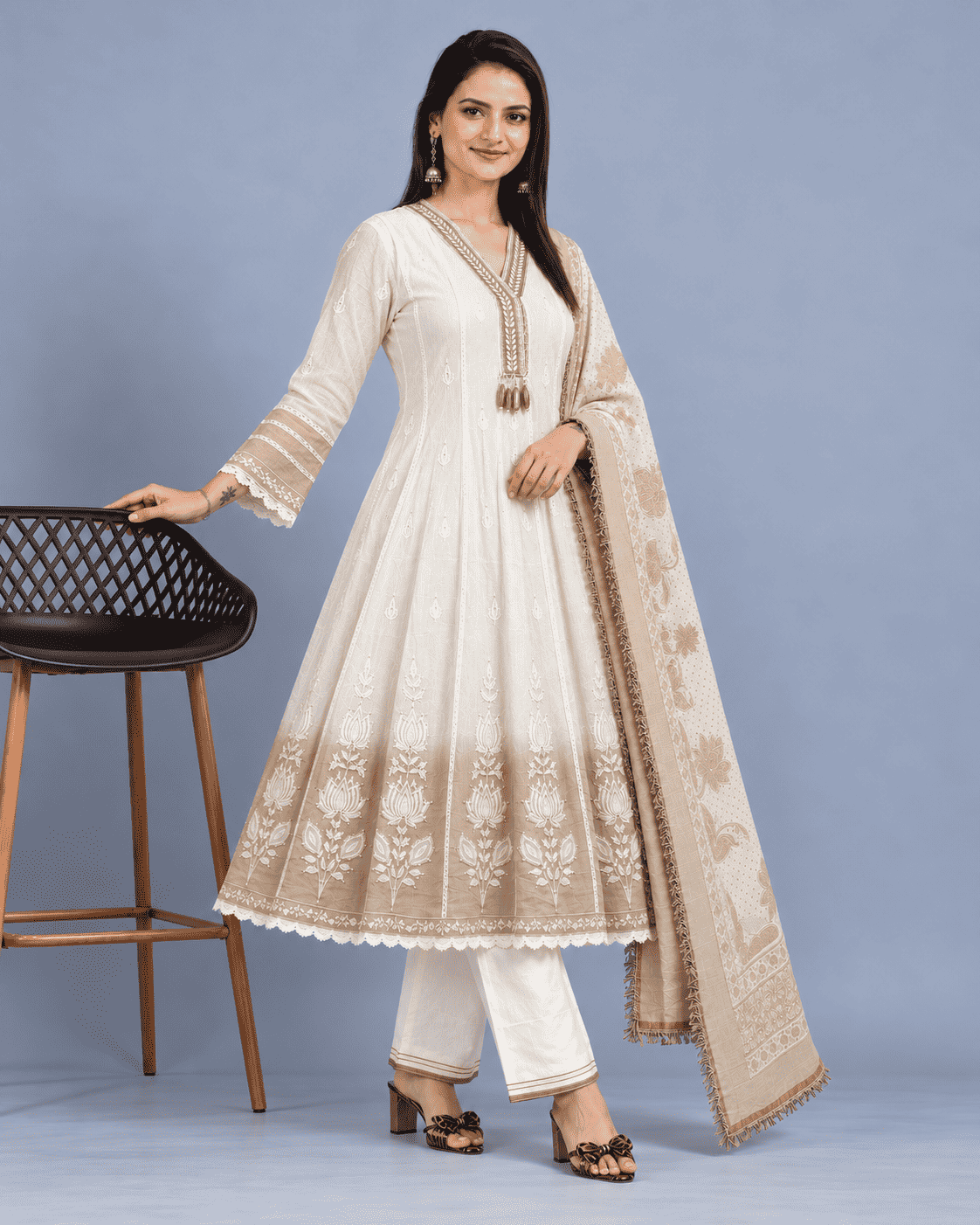 Ivory & Grey Mul Chanderi Ombre Shaded Kurta and Pant with Dupatta