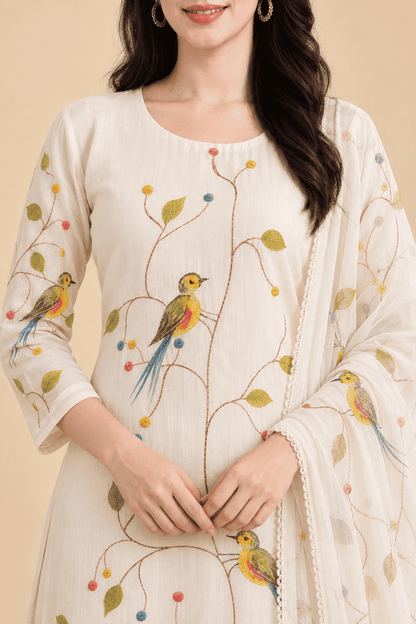 Ivory rayon bird print kurta pant with dupatta