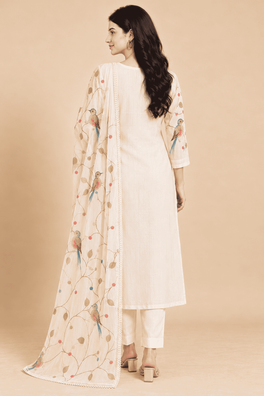 Ivory rayon bird print kurta pant with dupatta