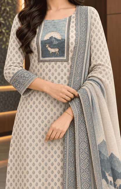 Unstitched offwhite with Blue print cotton suit set with dupatta