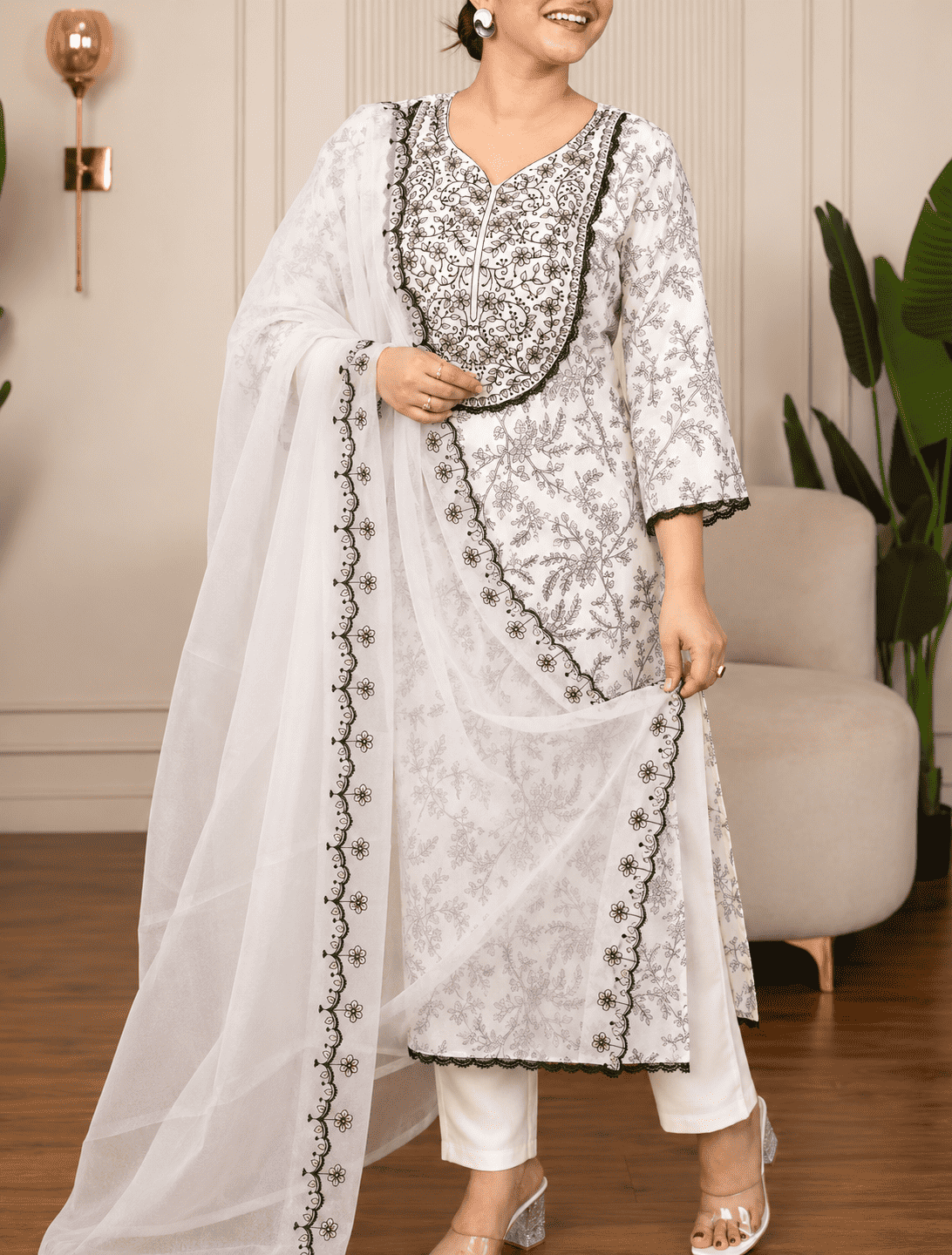 Cream and Black Silk Blend Embroidered Kurta Pant and Dupatta Set