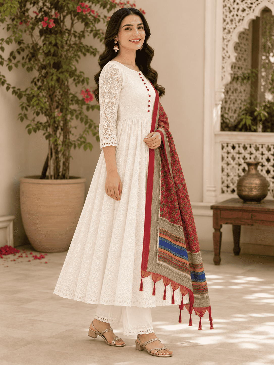 White Chikankari Kurta Pant With Red Printed Dupatta