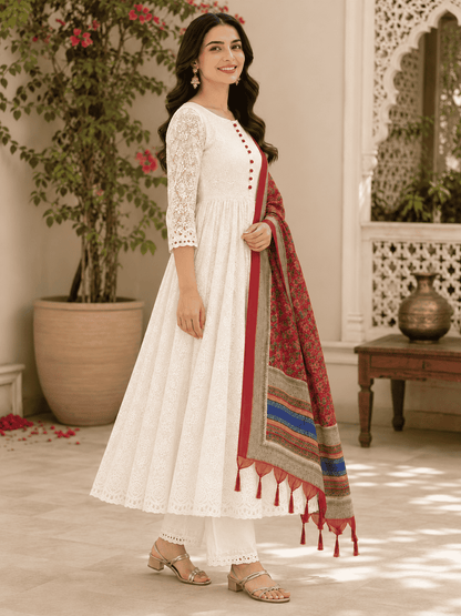 White Chikankari Kurta Pant With Red Printed Dupatta