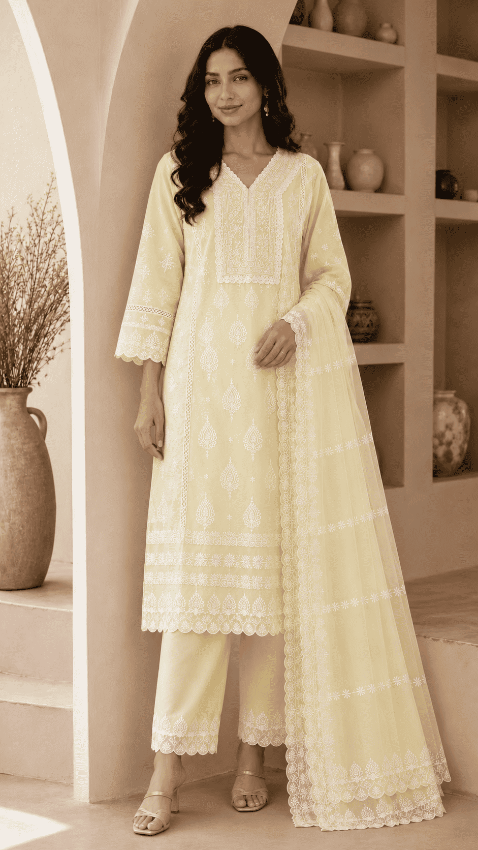 Off-White Chikankari Embroidered Mul Cotton Kurta Pant With Dupatta