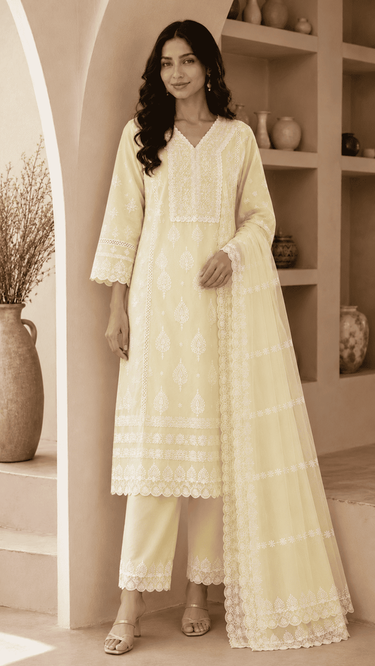 Off-White Chikankari Embroidered Mul Cotton Kurta Pant With Dupatta