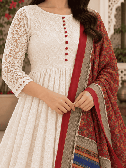 White Chikankari Kurta Pant With Red Printed Dupatta