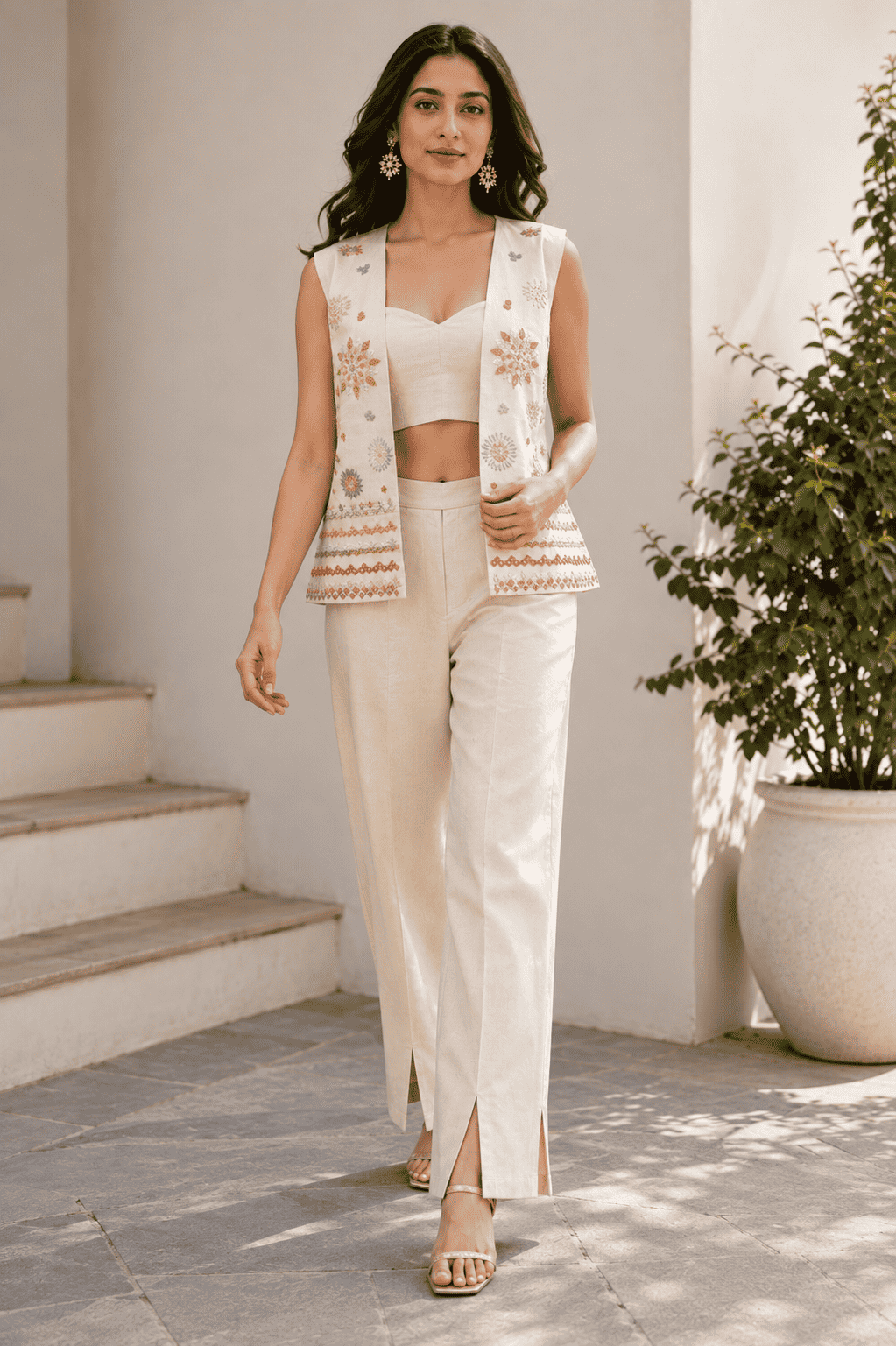 Ivory Roman silk embroidered blouse pant with jacket