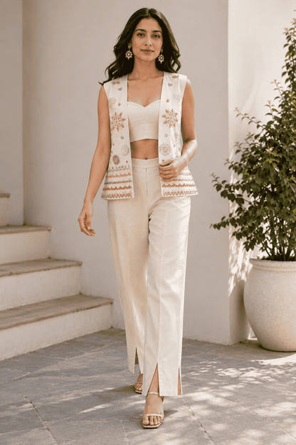 Ivory Roman silk embroidered blouse pant with jacket