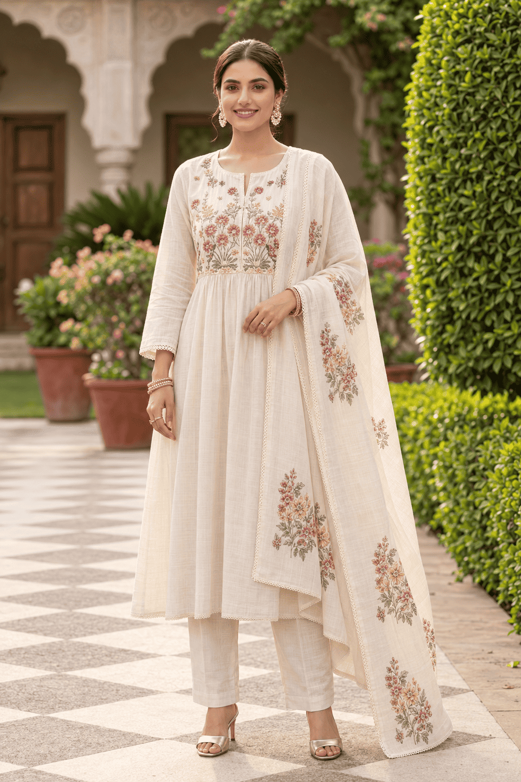 Ivory Malmal Embroidered Kurta and Straight Pant with dupatta