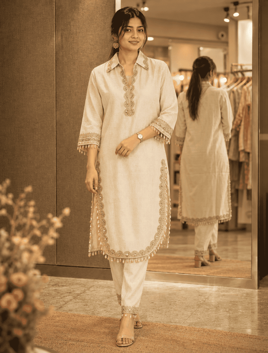 Ivory Khadi Cotton Embroidered Kurta Pant Set