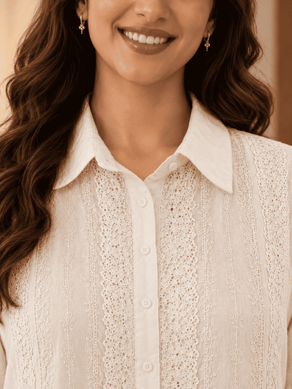 Ivory collar neck schiffli Kurta Pant Set