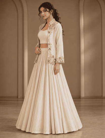 Ivory silk blend with embroidery jacket lehenga set