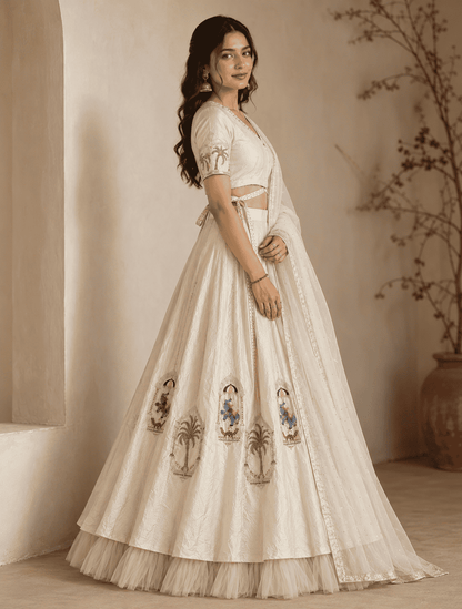 Ivory silk blend with embroidery lehenga choli set with net dupatta