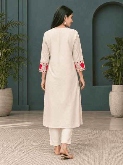 Soft cotton in ivory base with red floral prints kurta pant set