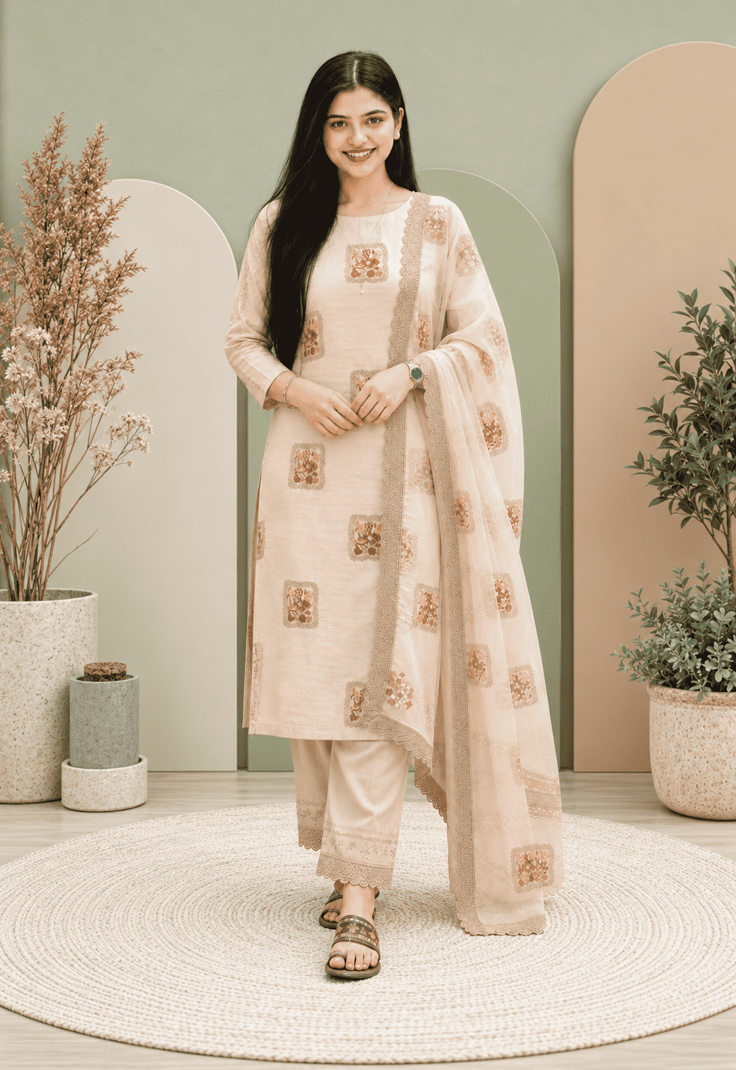 Unstitched Soft Beige Linen-Rayon Suit With Subtle Faded Floral Prints For An Understated, Elegant Look