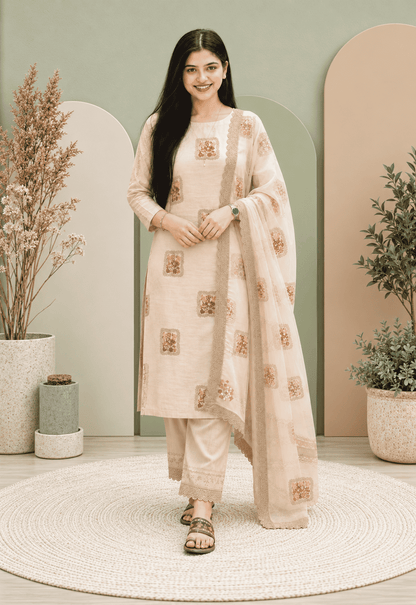 Unstitched Soft Beige Linen-Rayon Suit With Subtle Faded Floral Prints For An Understated, Elegant Look