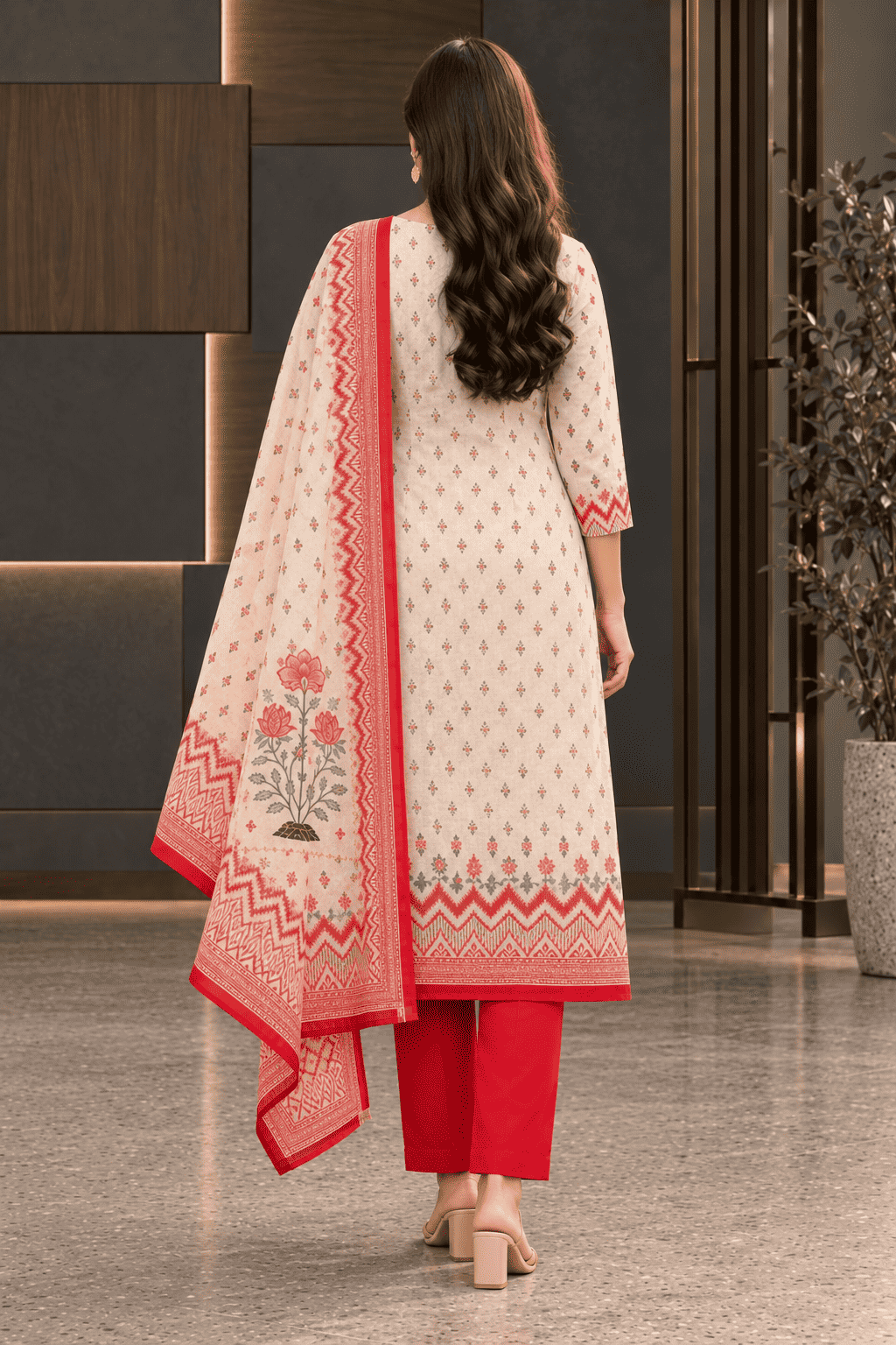 Unstitched pink printed cotton suit set with dupatta