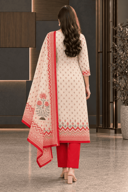 Unstitched pink printed cotton suit set with dupatta